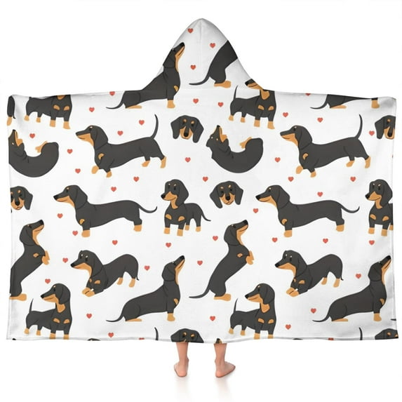 Dachshund and Heart Hooded Bath Towel,60"x35" for Ages 3 To 12 Kids, Quick Dry Lightweight Soft Microfiber Hood Beach Towel Cover Up for Kids