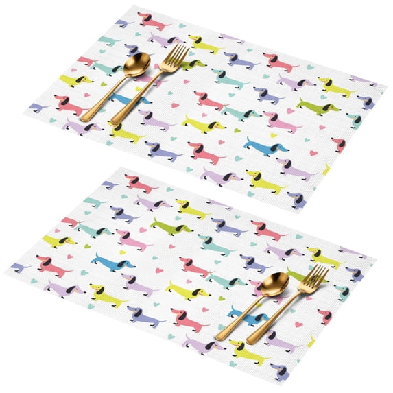 Patterned Heartd Dachshund and Heart White Pattern PVC Woven Placemats Set Of 2, Retro ...