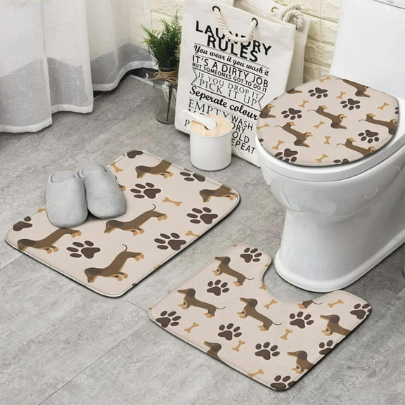 Dachshund and Paws Bathroom Rugs Sets 3 Piece,Toilet Cover Set,Absorbent Non Slip Bathroom Mats Sets with U-Shaped Contour Rug Toilet Rug Set
