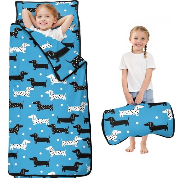 Dachshund and Polka Dot Blue Pattern Teens Toddler Nap Mat with Pillow, Sleeping Mat Bag for Preschool Daycare 60"x20"