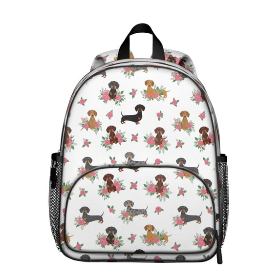 Dachshund and Rose White Pattern Backpack for School, Cute School Bag with Adjustable Shoulder Straps and Padded Back, 13.8"x11.4"x6"