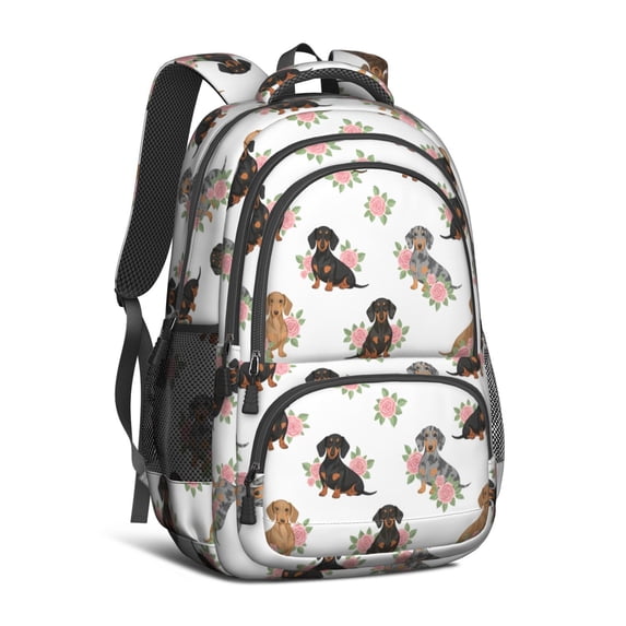 Dachshund and Rose White Pattern Cute School Backpack Bag with Padded Back and Adjustable Shoulder Straps 16.9 X 12.6 X 5.9 Inches