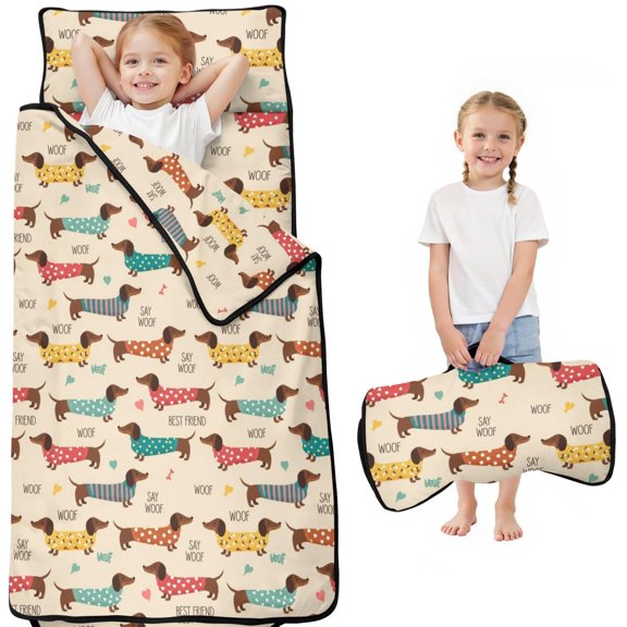 Dachshund and Text Kids Nap Mat, Preschool Sleeping Pad with Handle & Fastening Straps, Hypoallergenic Gifts for Birthday Holiday,50X20in(130X50cm)