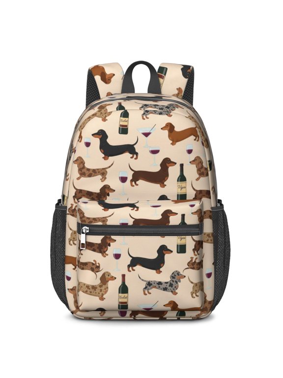 Dachshund and Wine Pink Pattern 17" Waterproof Oxford School Backpacks for Teens, S-Shape Padded Straps, for School, Travel, Hiking, Camping