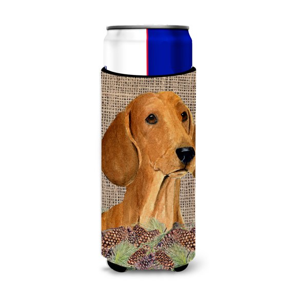 Dachshund on Faux Burlap with Pine Cones Ultra Hugger for slim cans