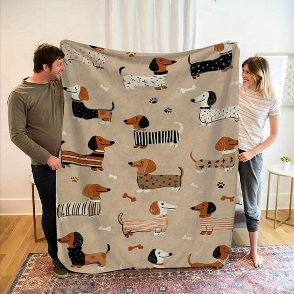 Dachshund-themed Flannel Blanket, Multiple Dachshunds, Bones, and Paw Prints Pattern. Cute and Playful Design Suitable for All Seasons, Perfect Gift Choice for Pet Lovers