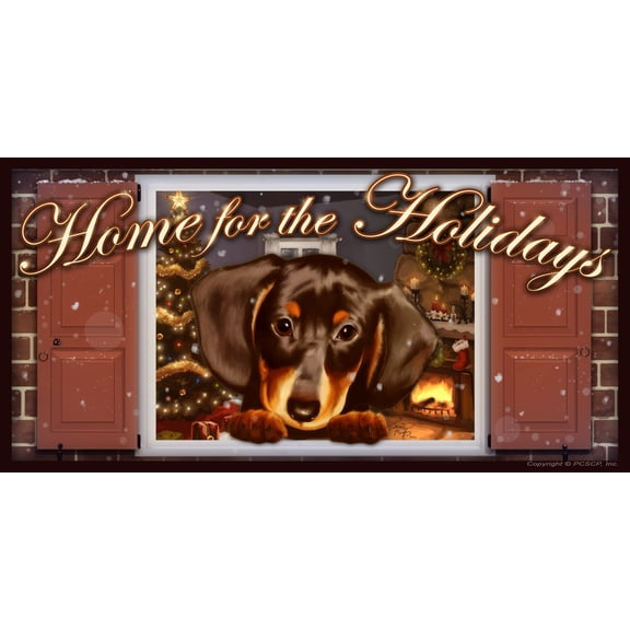 Dachshund v2 Home for the Holidays "Paws on the Windowsill" Dog Sign Plaque featuring the art of Scott Rogers