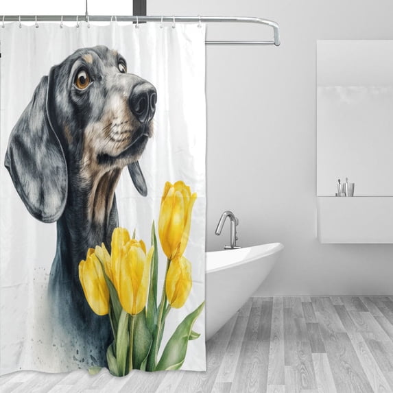 Dachshund with Yellow Tulips Watercolor Shower Curtains with 12 Hooks Waterproof Bathroom Decor 66" x 72"