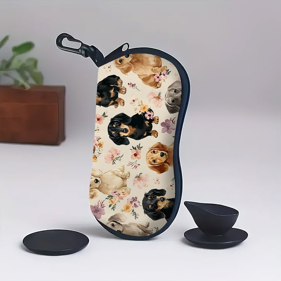 Dachshunds in Blossoms Print Neoprene Eyeglass CaseUltraLightweight Softshell Design with Padded Protection  Zippered Closure Compact Travel Accessory