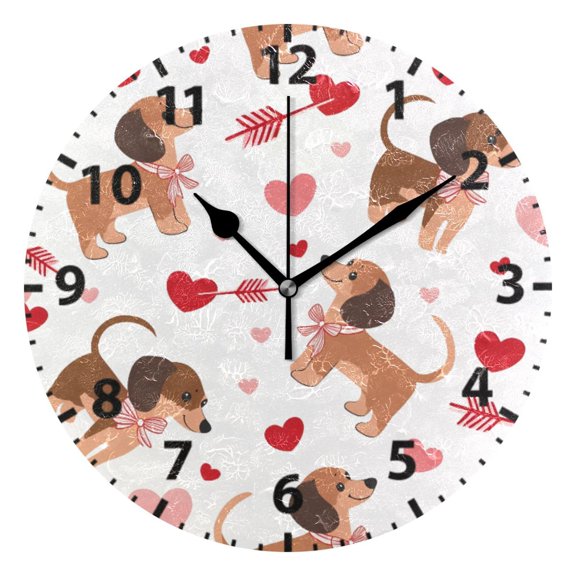 Dachshunds Bows Hearts Pattern Wall Clock 10in Round Artistic Oil Painting Home Decor Desk Table Clock