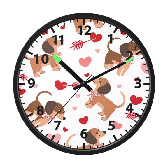 Dachshunds Bows Hearts Pattern Wall Clock 12 Inch Voice Activated Night Light Silent Non Ticking