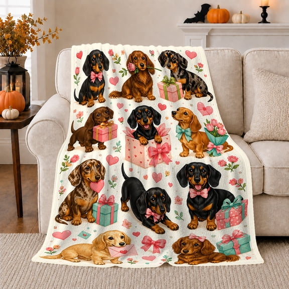 Dachshunds with Hearts Flowers and Presents, Playful Pet Style for Dog Lovers, Valentine Puppy Love Motif and Valentine's Day Gift, Soft Flannel Blanket for Bedroom and Family Room, Home Decor