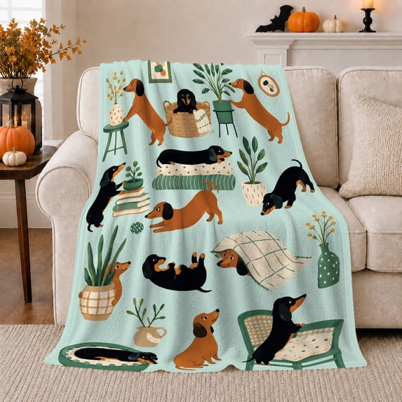 Dachshunds at Home with Plants and Chairs, Cozy Modern Style for Dog Lovers, Pet Room Pattern and Housewarming Gift, Soft Flannel Blanket for Family Room and Bedroom, Home Decor