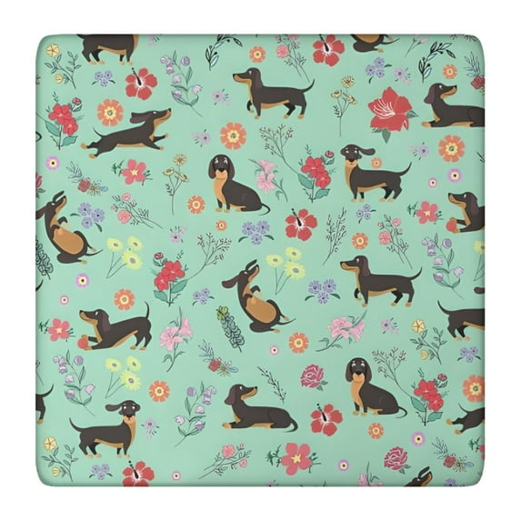 Dachshunds and Pioneer Flower Square Fitted Tablecloth with Elastic Edge,Square Table Cover,Washable Elastic Table Cover for Home Kitchen Party Decor 36"x36"