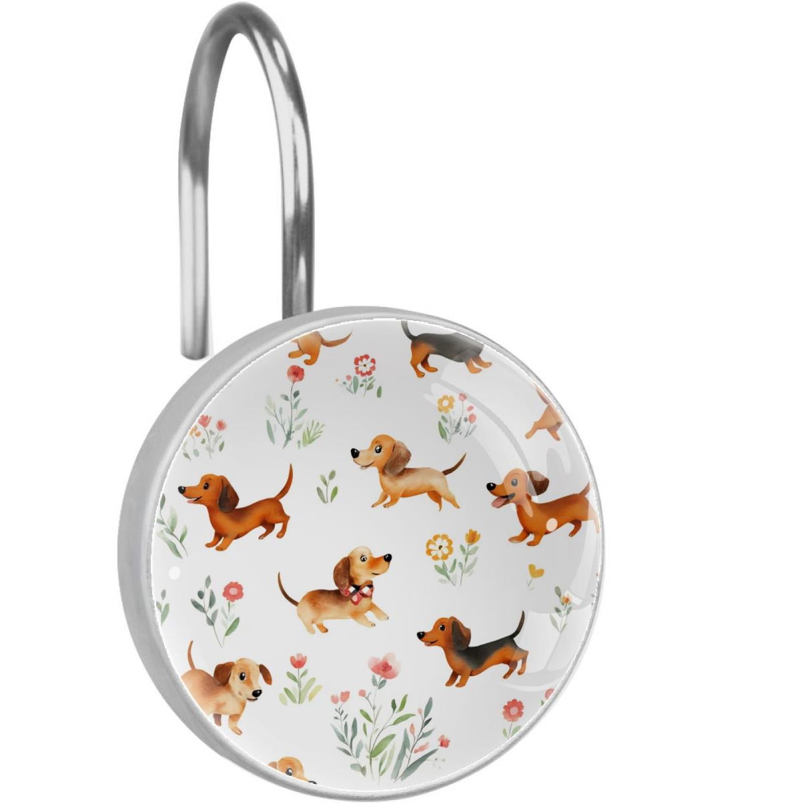 Dachshunds Run with Flowers Shower Curtain Hooks Round Crystal Glass, Set of 12 Shower Curtain Rings - Shower Hooks for Curtain Shower Rings