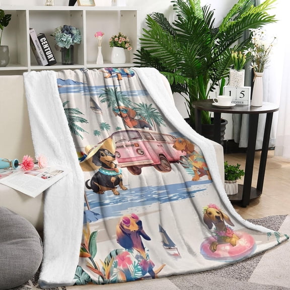 Dachshunds Tropical Beach Blanket,Comfortable Soft Lamb Wool Throw Blanket,All Season,Warm Lightweight Blankets for Sofa Bed Couch Living Room Chair,60"x80"