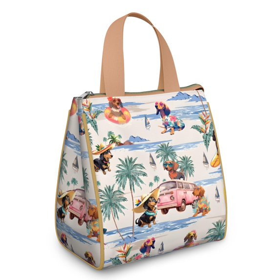 Dachshunds Tropical Beach Insulated Lunch Bag for Women & Adults,Large Portable Soft Cooler Lunch Bag,Thermal Food Storage Tote with Pearl Cotton,8.66L,8.75x5.75x9.5 Inch