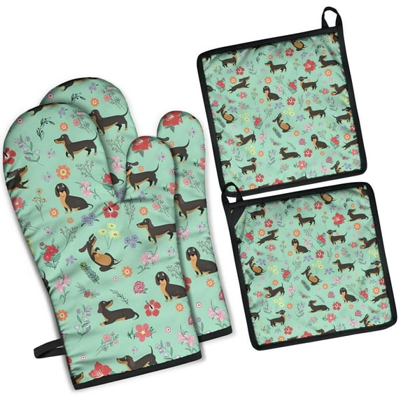 Dachshunds and Flowers Kitchen Oven Mitt and Pot Holder Sets 4 Pcs for Baking, Cooking and Grilling, Heat Resistant Up To 392 °F