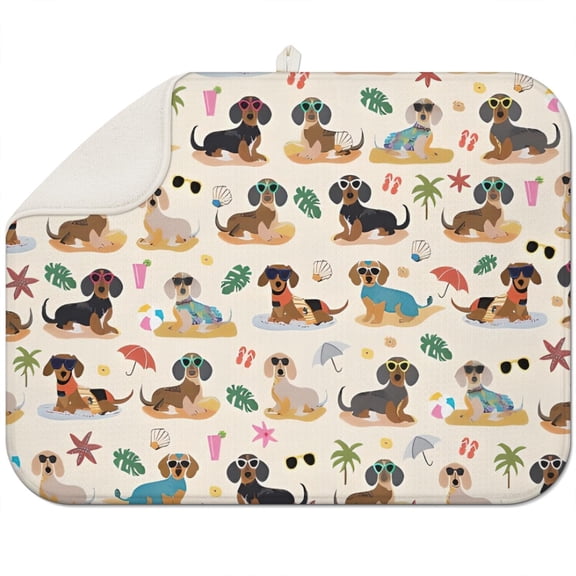 Dachshunds on the Beach Dish Drying Mat for Kitchen 1 Pack, Ultra Absorbent Microfiber Dishes Drainer Mats,18"x24"