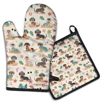 2 Pcs Oven Mitt and Pot Holder Set - Heat Resistant Up To 392°F, Dachshunds on the Beach Design for Baking, Cooking and Grilling