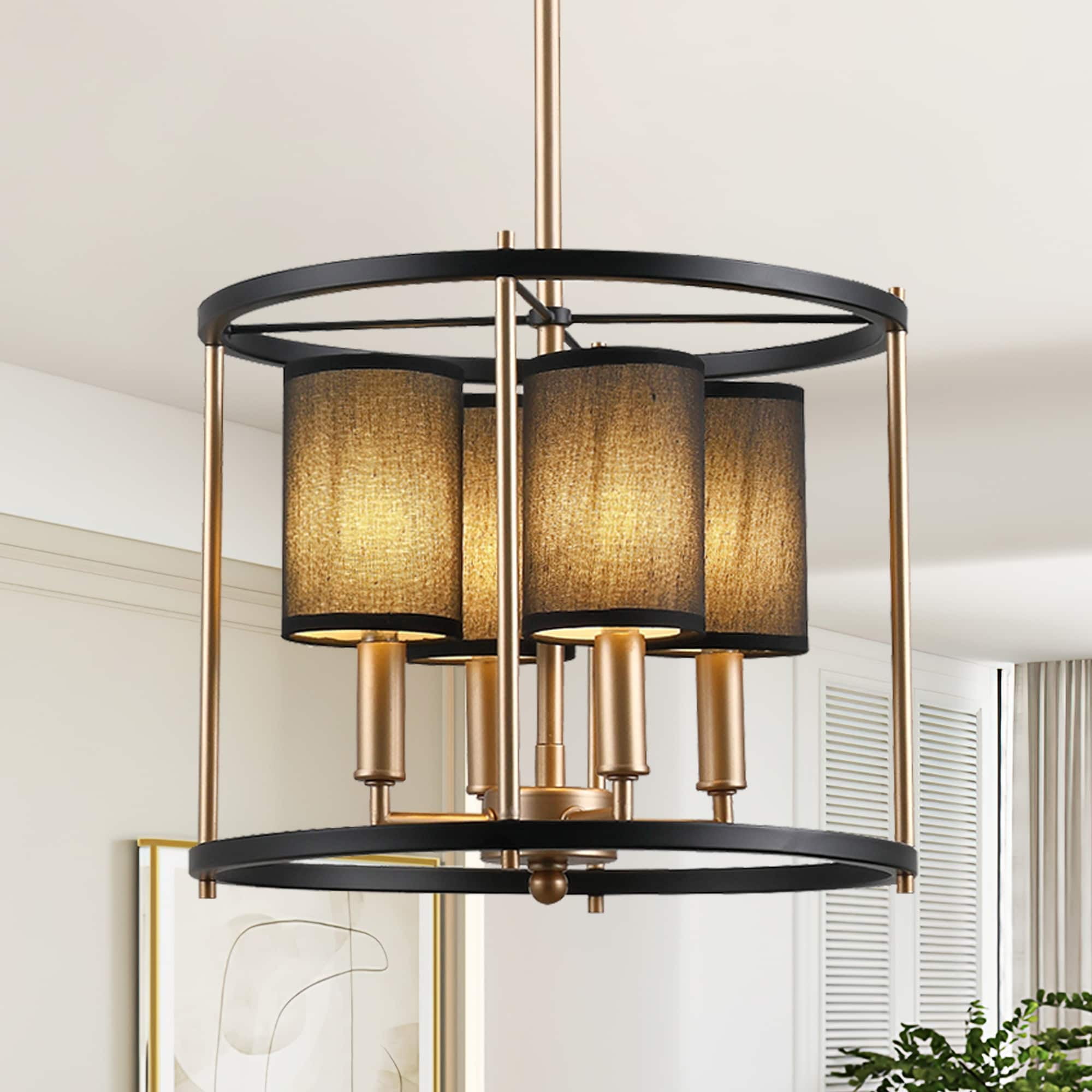 Black and Gold 4-Light Drum Chandelier with Fabric Shades