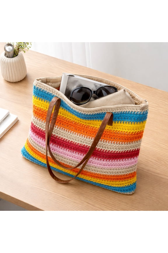 Dacron Straw Tote Bag - Large Capacity Woven Beach Bag for Summer Travel and Everyday Use Multicolor