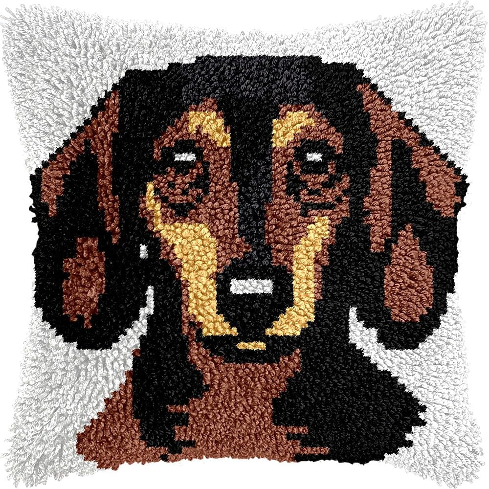 Dacshund Latch Hook Pillow Kits for DIY Handmade Throw Pillow Cushion Embroidery Latch Hooking Pillowcase Kits with Preprinted Canvas Crochet Yarn Kits 17''X 17''(g288)
