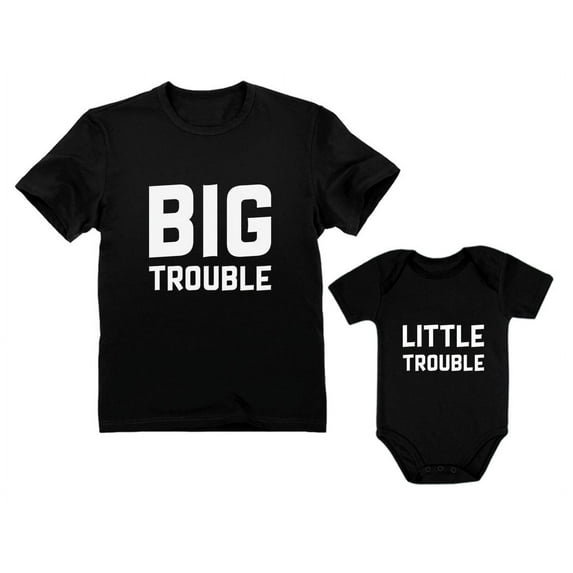 Dad & Baby Matching Set Big / Little Trouble Funny Father's Day Gifts For Dad Dad Black Large / Baby Black 12M (6-12M)