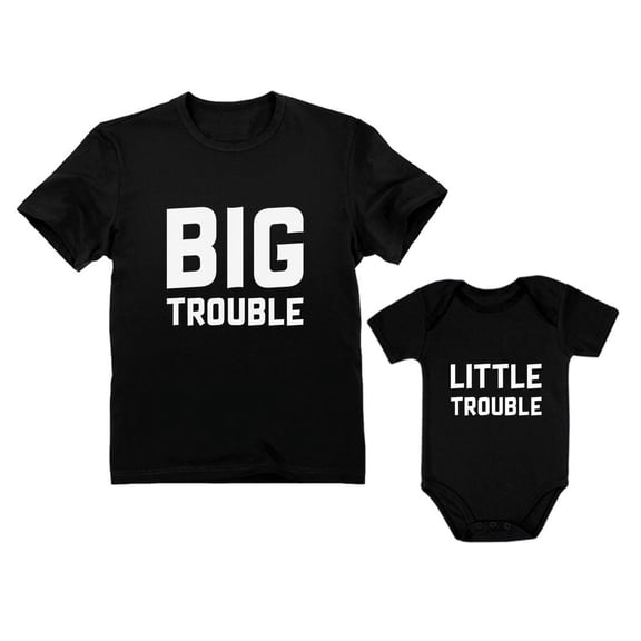 Dad & Baby Matching Set Big / Little Trouble Funny Father's Day Gifts For Dad Dad Black XX-Large / Baby Black 18M (12-18M)