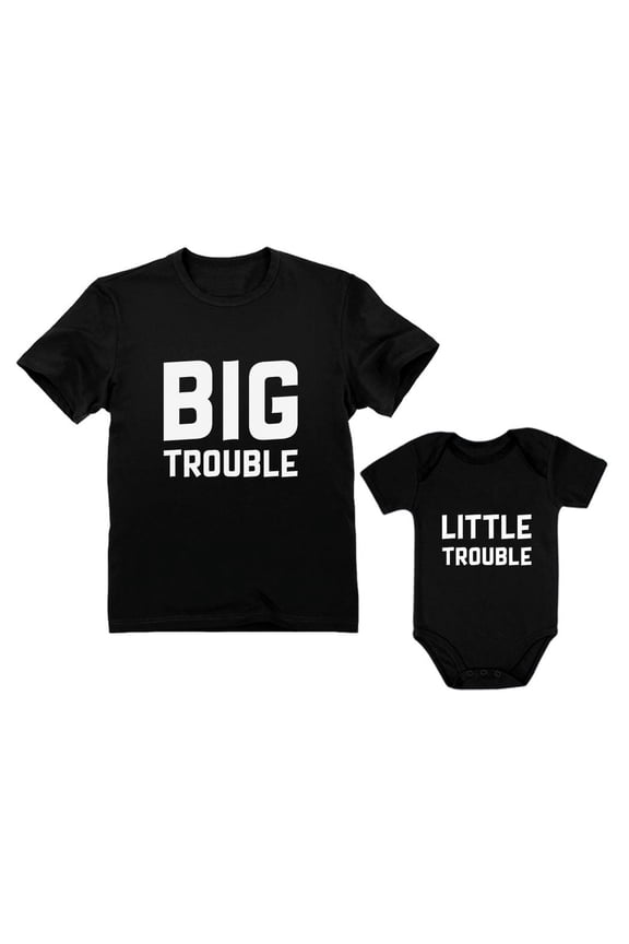 Dad & Baby Matching Set Big / Little Trouble Funny Father's Day Gifts For Dad Dad Black XX-Large / Baby Black 18M (12-18M)