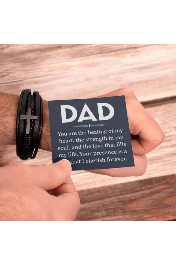 Dad Bracelet Leather Braided Band Cross Charm Religious Present for Father Birthday Tribute Message Card and Gift Box Custom Package for Him Christmas