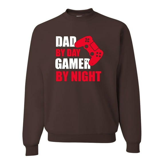 Dad By Day Gamer By Night Funny Gaming Dad Father Gift | Mens Father's Day Crewneck Sweatshirt, Brown, Medium