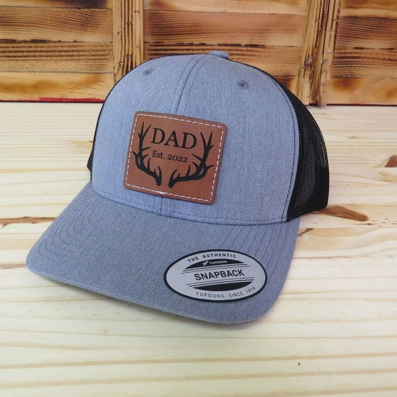 Dad Established Date Leather Patch Hat With Sewn Edge | Retro Trucker Snapback | Gift For Dad | New Dad | Fathers Day Gift