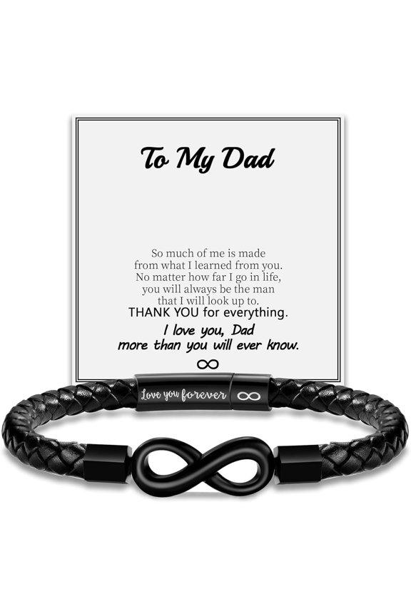 Dad Gift Braided Leather Infinity Bracelet with Sentimental Message Card, Engraved "Love You Forever" Infinity Wristband for Fathers Day Birthday Present