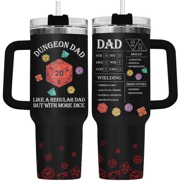 Dad Gifts for Fathers Day, Dungeon Daddy Tumbler 40 Oz with Handle Straw, DND RPG Dice Insulated Coffee Mug for Men Husband Papa Gamer