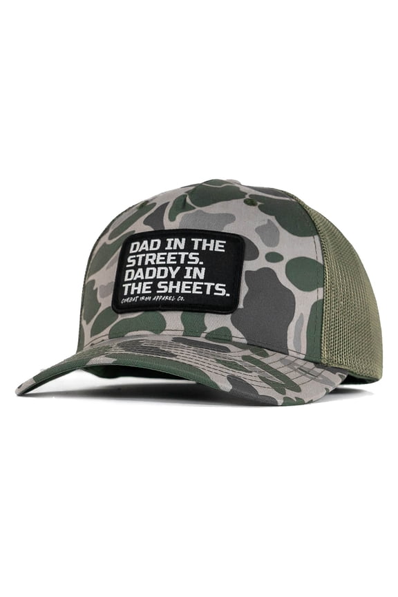 Dad In The Streets. Daddy In The Sheets. Black Patch Snapback Hat Marsh Duck Camo / Green