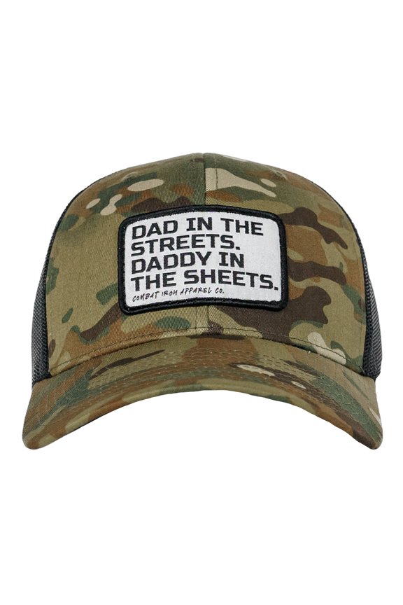 Dad In The Streets. Daddy In The Sheets. White Patch Snapback Hat Multicam / Black