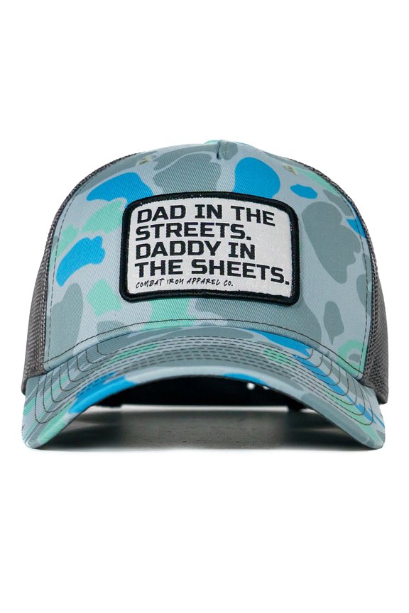 Dad In The Streets. Daddy In The Sheets. White Patch Snapback Hat Saltwater Duck Camo / Gray