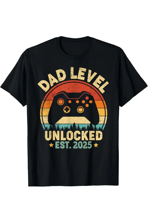 Dad Level Unlocked 2025 Gamer Humor New Daddy Gift Unisex T-Shirt, up to size 5XL