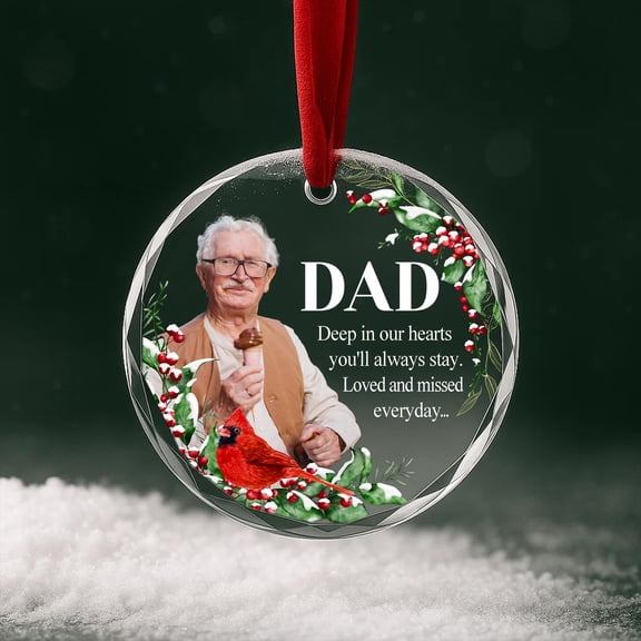 Dad Memorial Photo Glass Ornament – Cardinal “In Loving Memory” Personalized Keepsake
