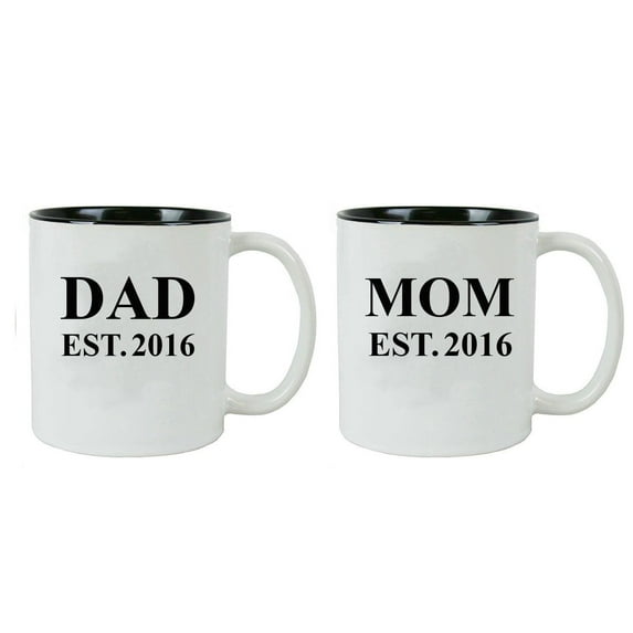 Dad + Mom Established Parents EST. 2016 11 oz Ceramic Coffee Mugs with Gift Boxes