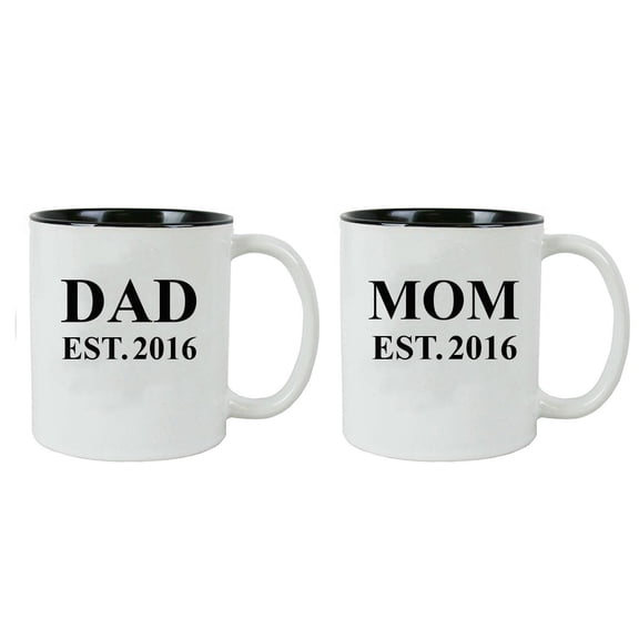 Dad + Mom Established Parents EST. 2016 11 oz Ceramic Coffee Mugs with Gift Boxes
