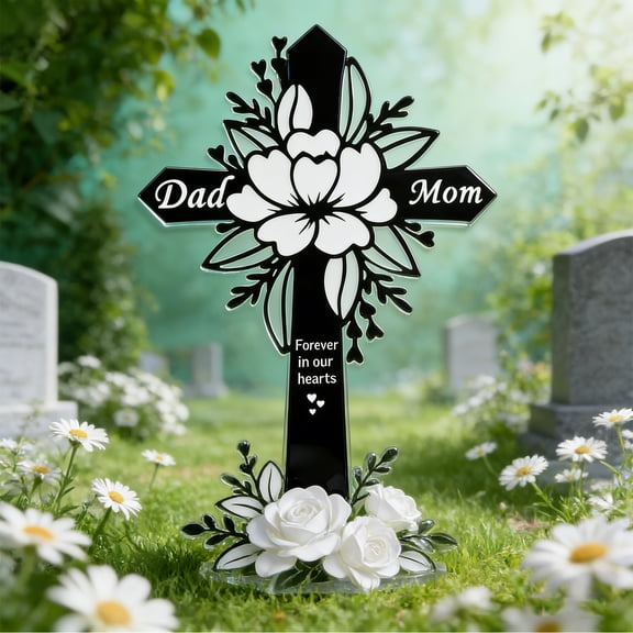 Dad & Mom Memorial Cross Stake | Acrylic Grave Marker for Cemetery & Garden