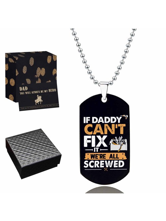 Dad Necklace Gifts from Son Daughter Father’s Day Gifts Necklace with Elliptical Engraved Tag Birthday Christmas Gifts for Papa Daddy-If Dad Can't Fix It No One Can Black 04