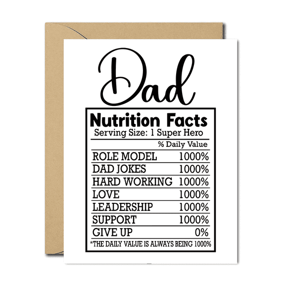 Dad Nutrition Facts Greeting Card Humorous Superhero Design Perfect for Fathers Day, Birthdays, or Just Because Blank Inside, Envelope Included