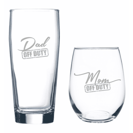 C&M Personal Gifts Dad Off Duty 20 oz Beer Glass and Mom Off Duty 15 oz Stemless Wine Glass Set of 2