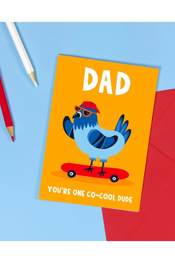 Dad Skateboard Bird Greeting Card  "You're One Co-Cool Dude" Message  Fun & Colorful Design with Envelope Included  Perfect for Father's Day, Birthdays, or Just Because