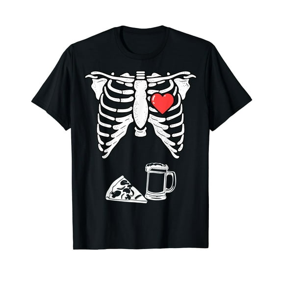 Dad Skeleton Halloween Beer Pizza Funny Pregnancy Couple Men T-Shirt