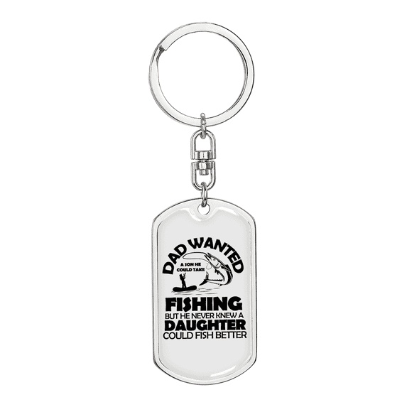 Dad Wanted Fishing Stainless Steel or 18k Gold Premium Swivel Dog Tag Keychain