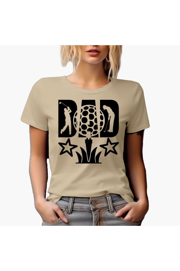 Dad Word with a Ball on a Tee & a Swinging Golf Player, Golfing or Golfer Themed Merch Gift, Tan T-Shirt, M